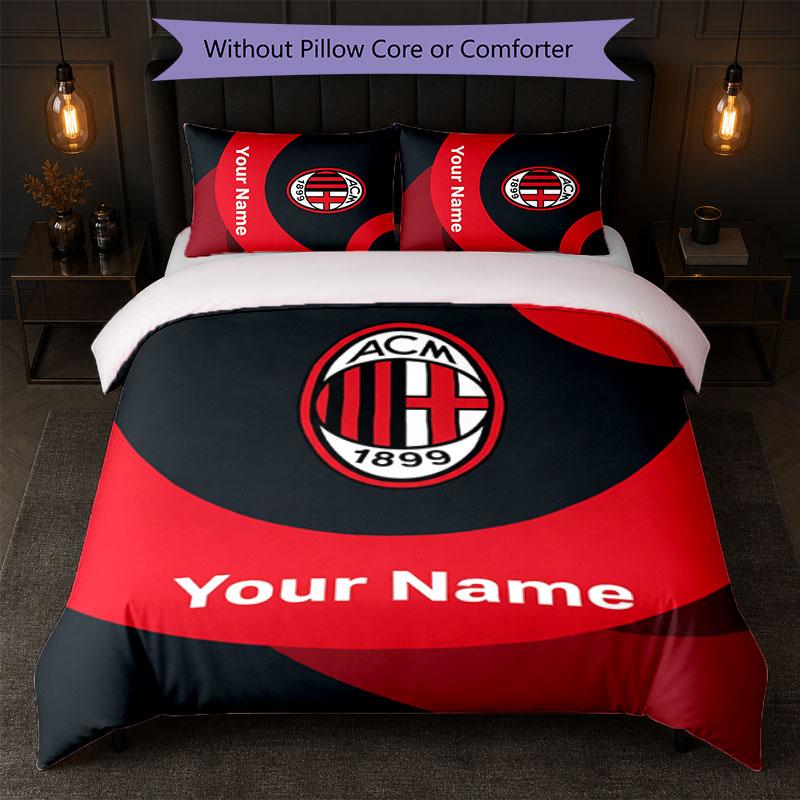 AC Milan Custom Name Text Bedding Set 1 Duvet Cover+2 Pillowcases Soccer Logo Personalized Gift For Special Occasion Bedroom Decor