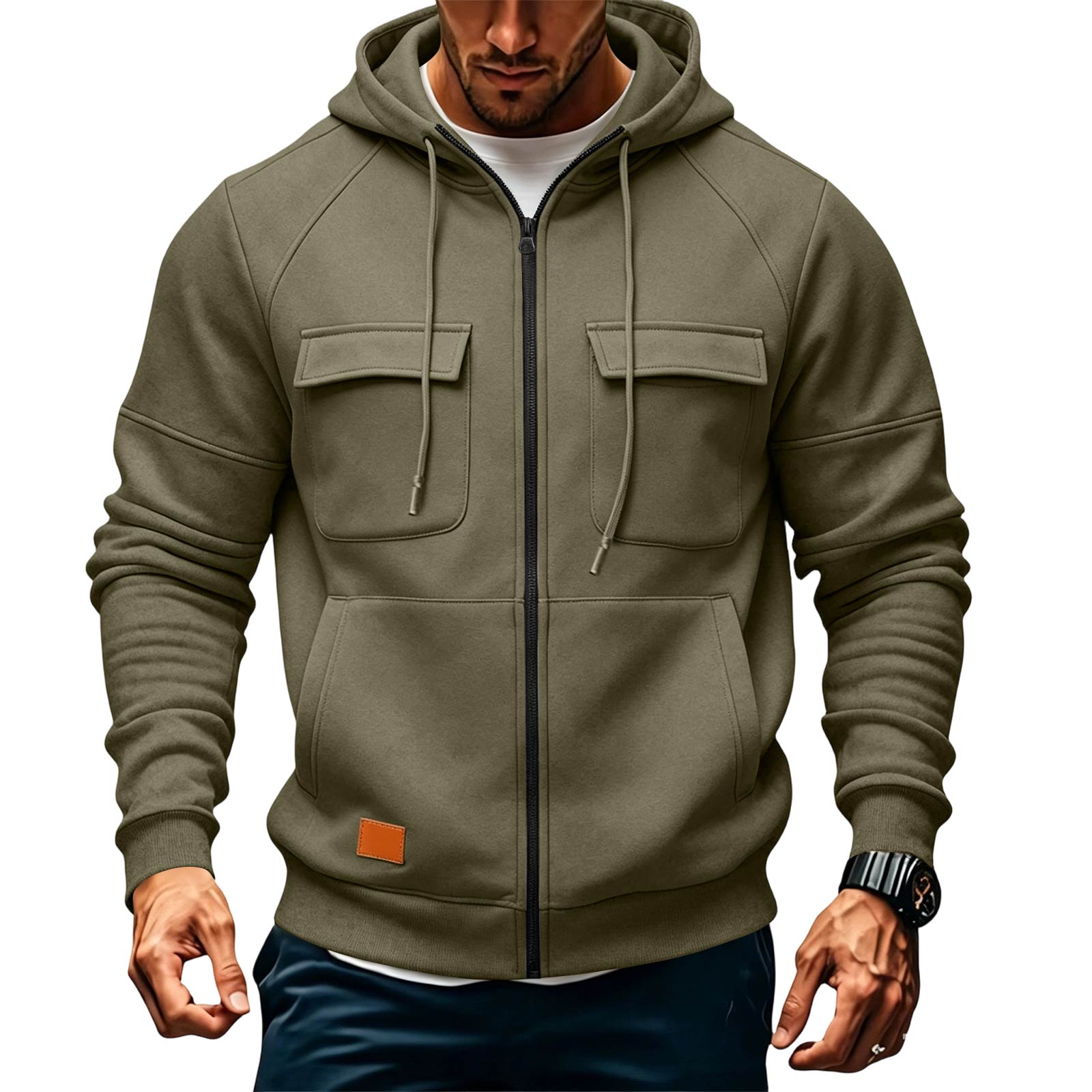 Men s Casual Hooded Workwear Multi Pocket Fleece Lined Zip Up Sweatshirt Lightweight Durable Outdoor Hoodie L