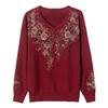 Happy Mother-in-law V-neck Red Knitwear with Handmade Sequin Embroidery - Slimming and Age-Reducing Top for Spring and Autumn