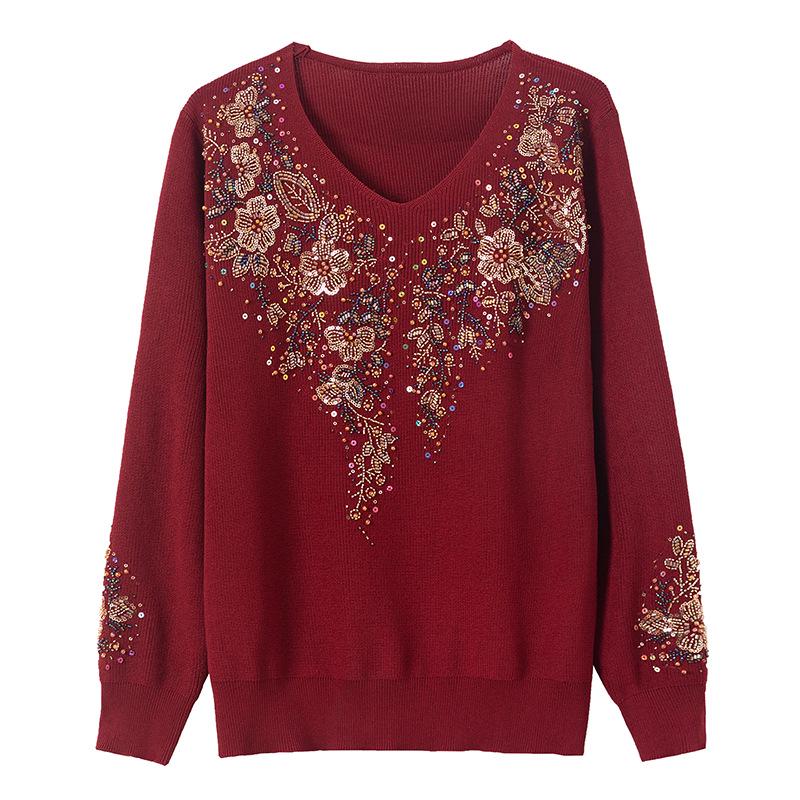 Happy Mother-in-law V-neck Red Knitwear with Handmade Sequin Embroidery - Slimming and Age-Reducing Top for Spring and Autumn
