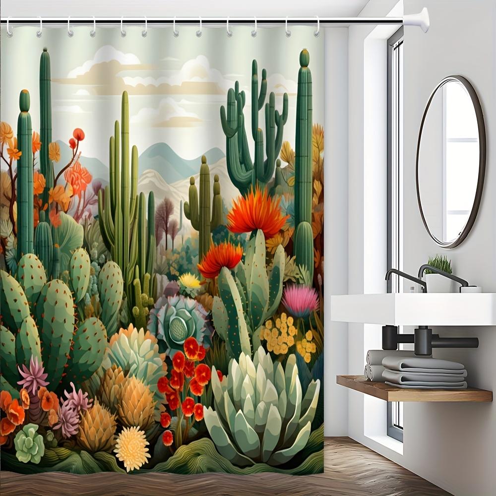 Desert Oasis Shower Curtain - Vibrant Cactus, Floral & Mountain Theme for Bathroom Decor, Adds Exotic Charm and Colorful Beaut