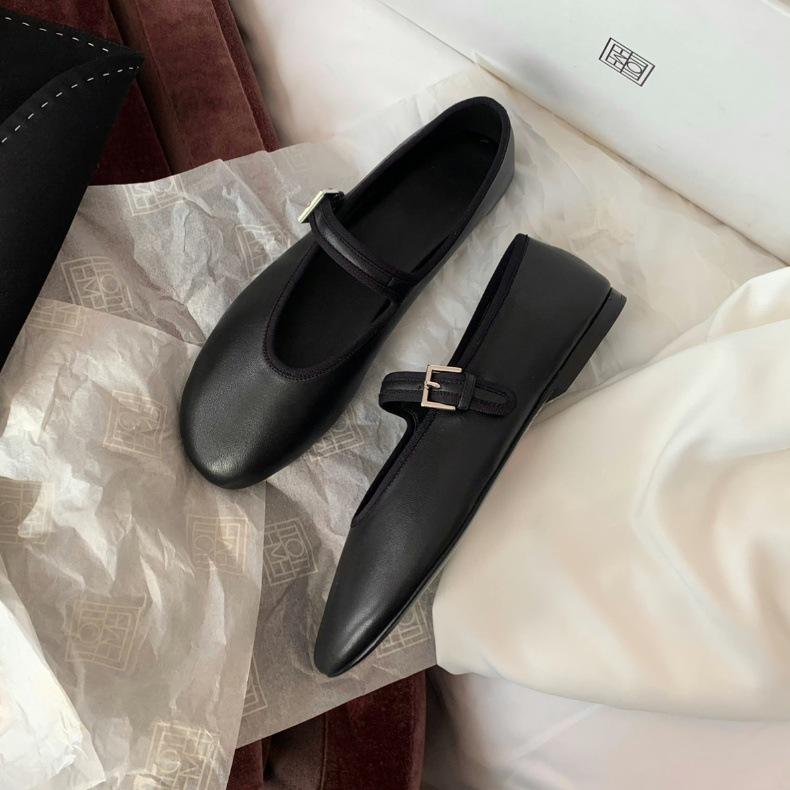 Sheepskin version~ French one-word buckle soft-soled round head shallow mouth Mary Jane single shoes women's genuine leather flat-soled small leather