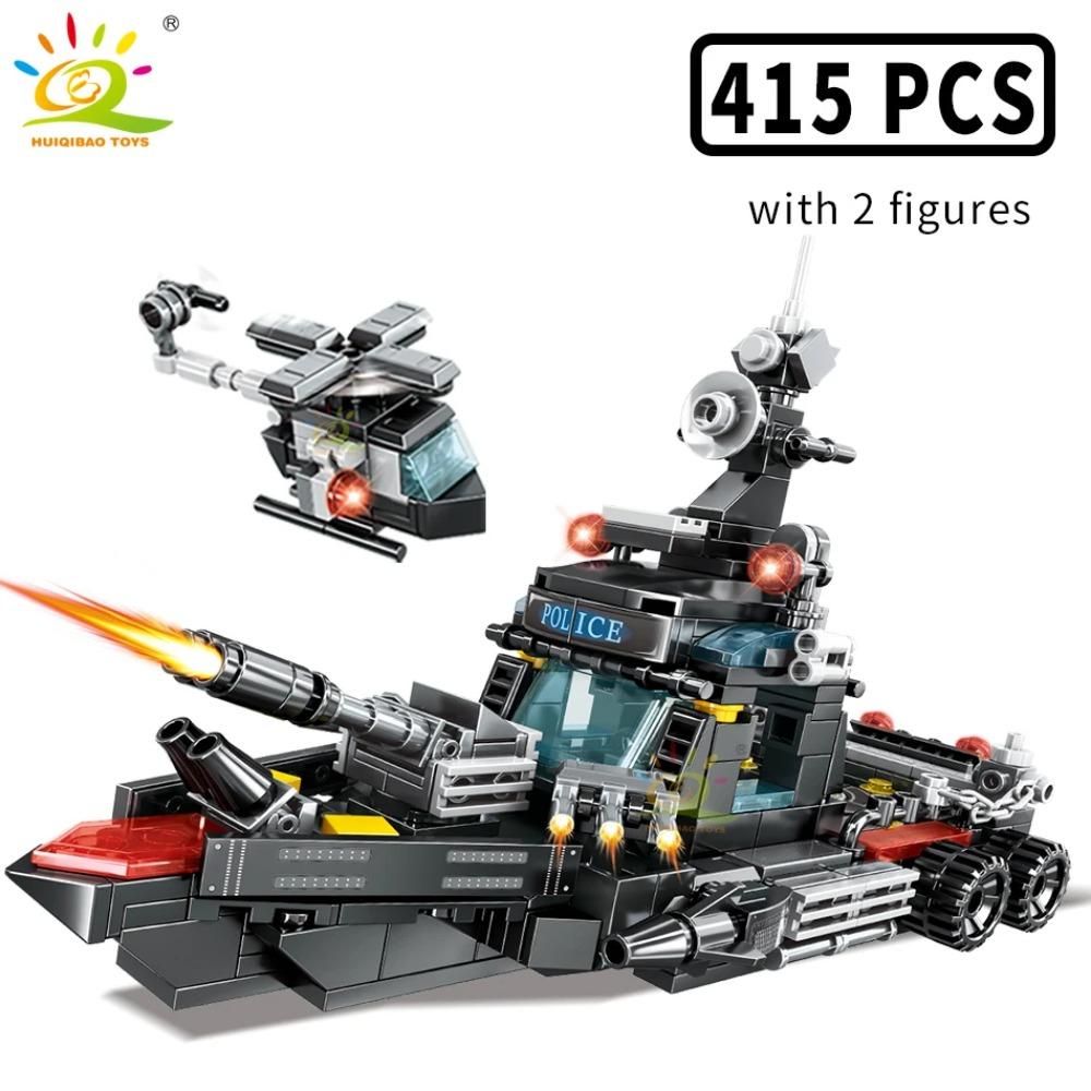 

HUIQIBAO 4in1 Swat Police Series Building Blocks with Policeman Bricks Truck Ship Car City Construction Toys for Children