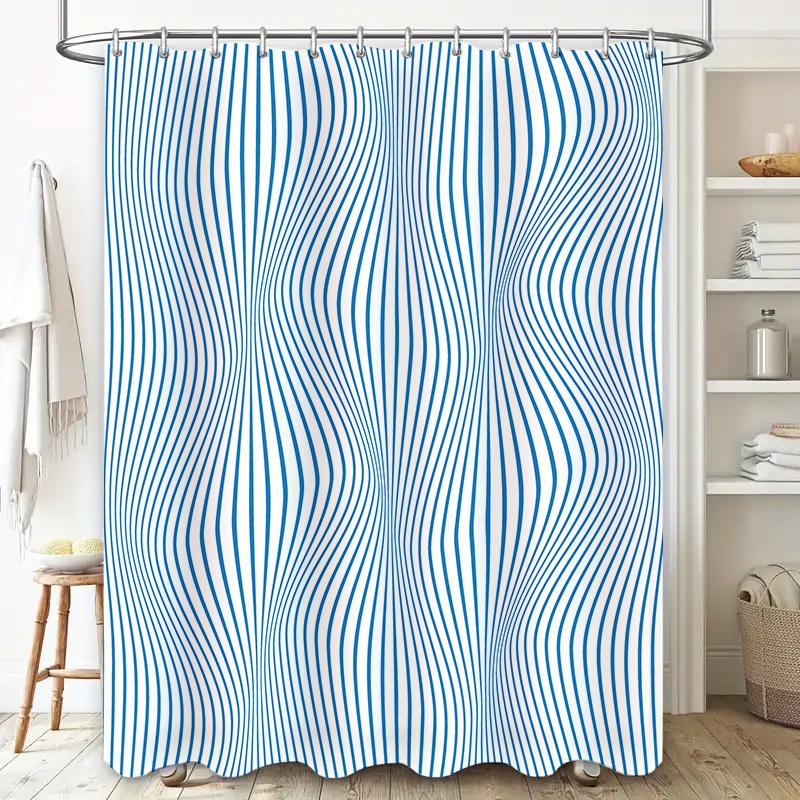 Blue Striped Shower Curtain Modern Bathroom Decor With Wave Design For Bathtub Cover – Water-Resistant Fabric Bathrooms Accessor