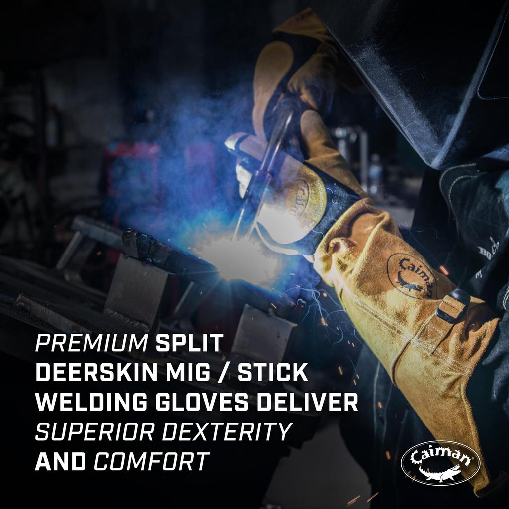 Caiman Kontour Black American Deer Welding Gloves with Cotton Fleece Long Cuff Skin/Boarhide Liner, (Large)