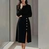 European and American women's clothing, new spring models, solid color button split-ended round neck waist dress, long dress.