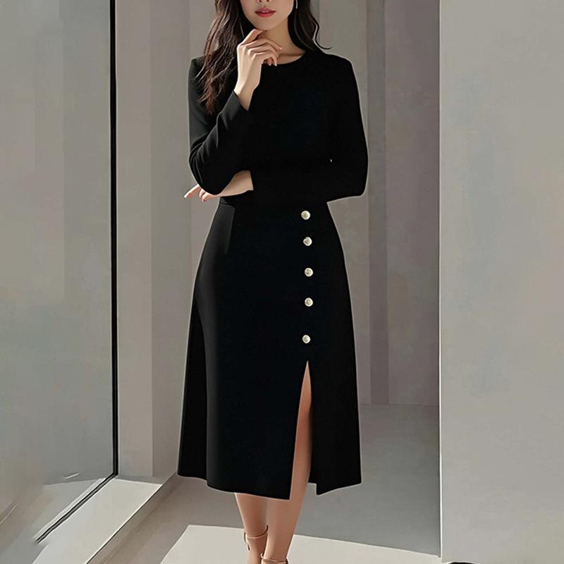 European and American women's clothing, new spring models, solid color button split-ended round neck waist dress, long dress.