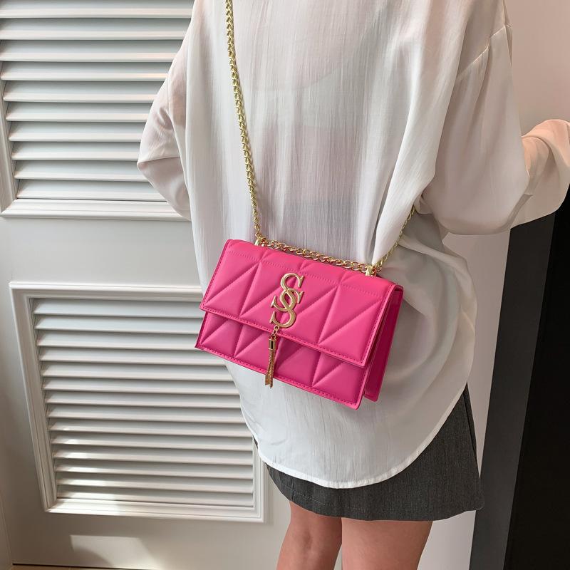 Chain Bag Women's New Spring and Summer Fashion One Shoulder Crossbody Small Square Bag Solid Color Plaid Embroidery Thread Women's Bag