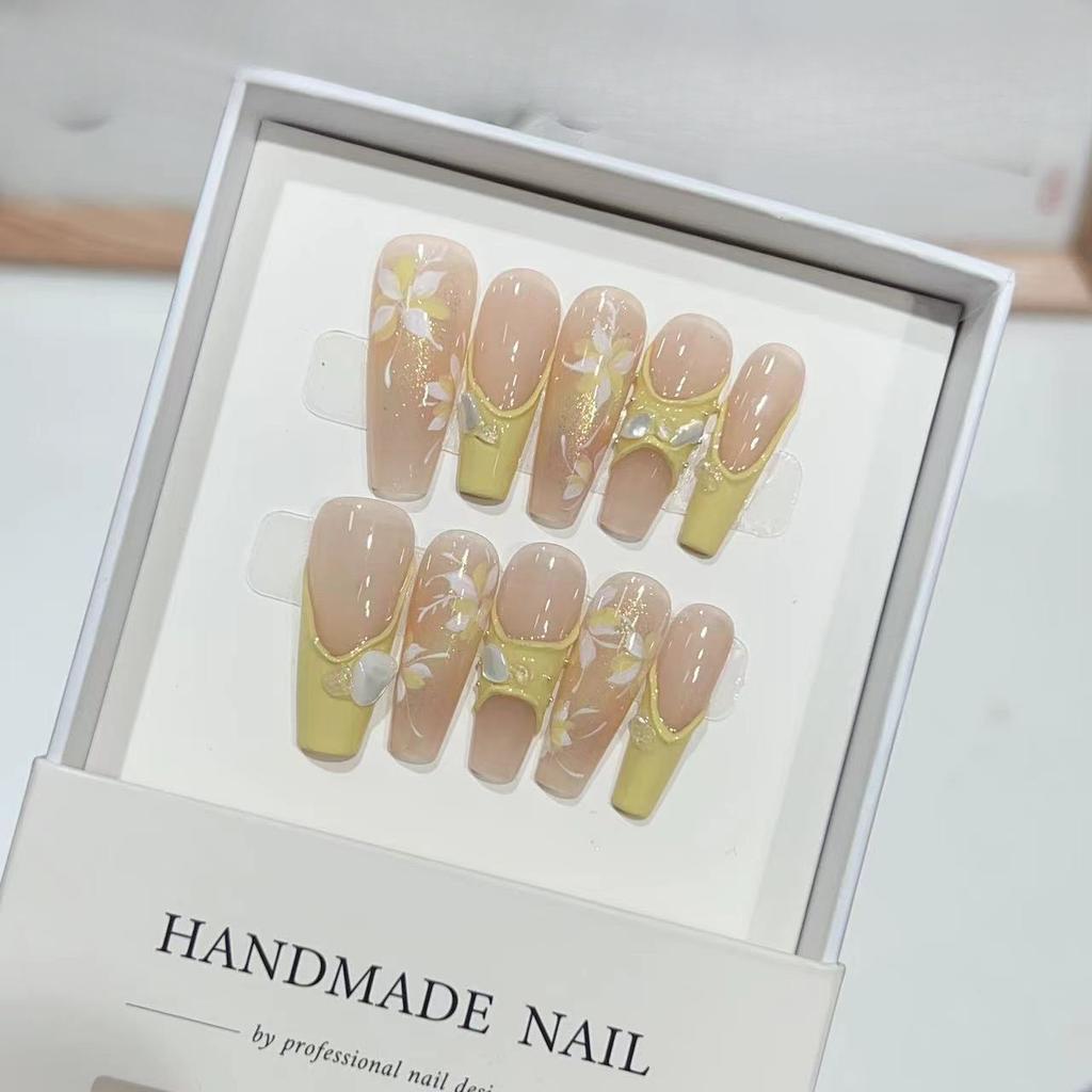 Pure Hand-wearing Nail Fake Nail Patch French Hand-painted Akiya Small Flower Shell Manicure Removable Nail Patch