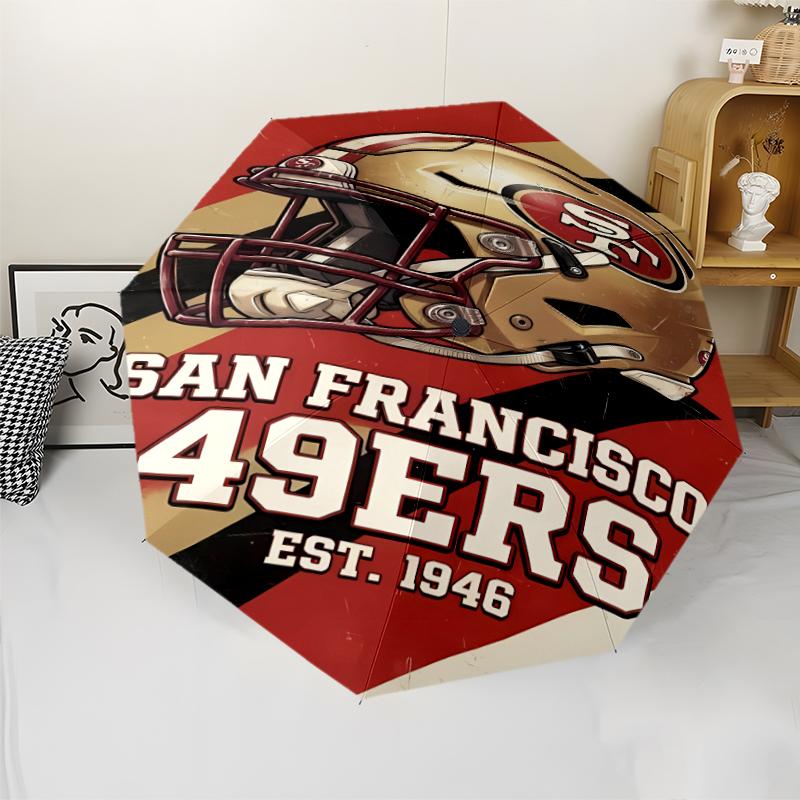 San Francisco 49ers LOGO Print Automatic Umbrella, 8 Rib Iron Frame, Plastic Handle, Suitable for Outdoor Travel &Daily , Ideal Gift