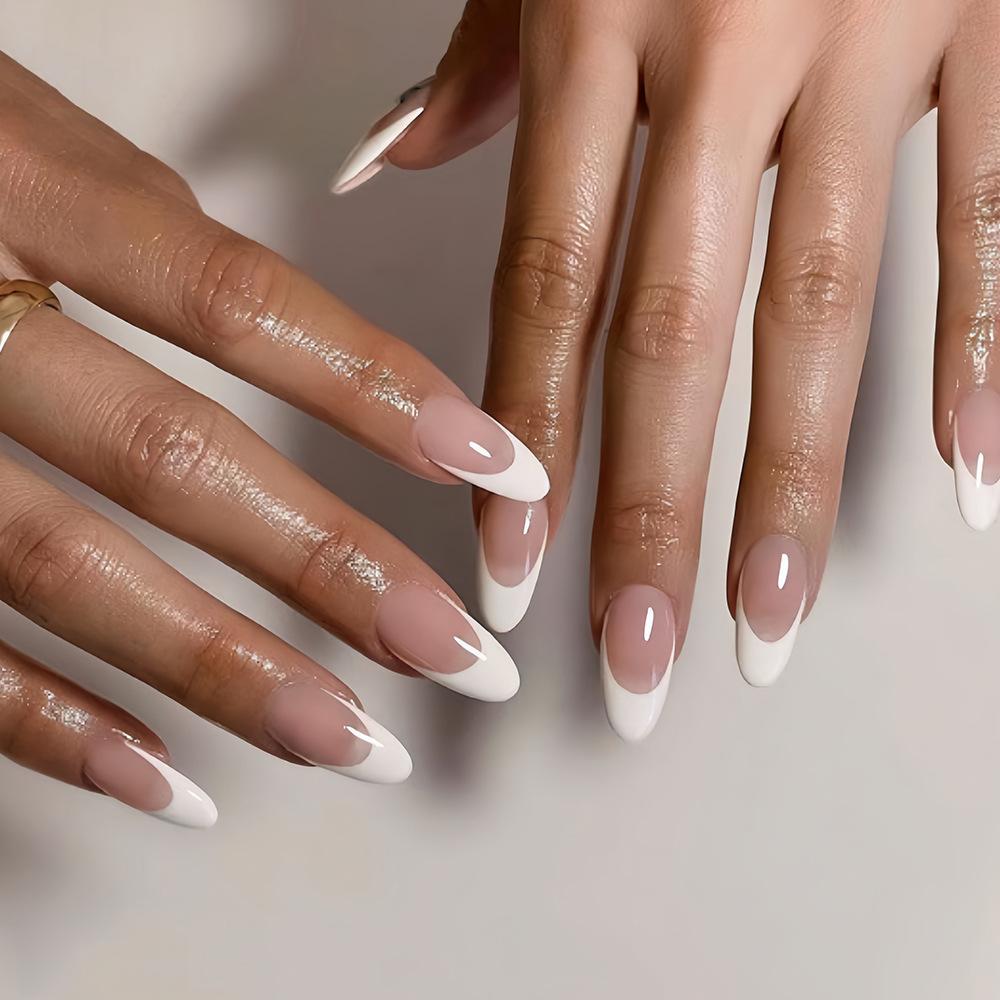24 Peças Unhas Postiças Francesas Amêndoa Douradas Simples Ovais Cobertura Total Pontas de Unha Press-On Unhas Postiças Usáveis