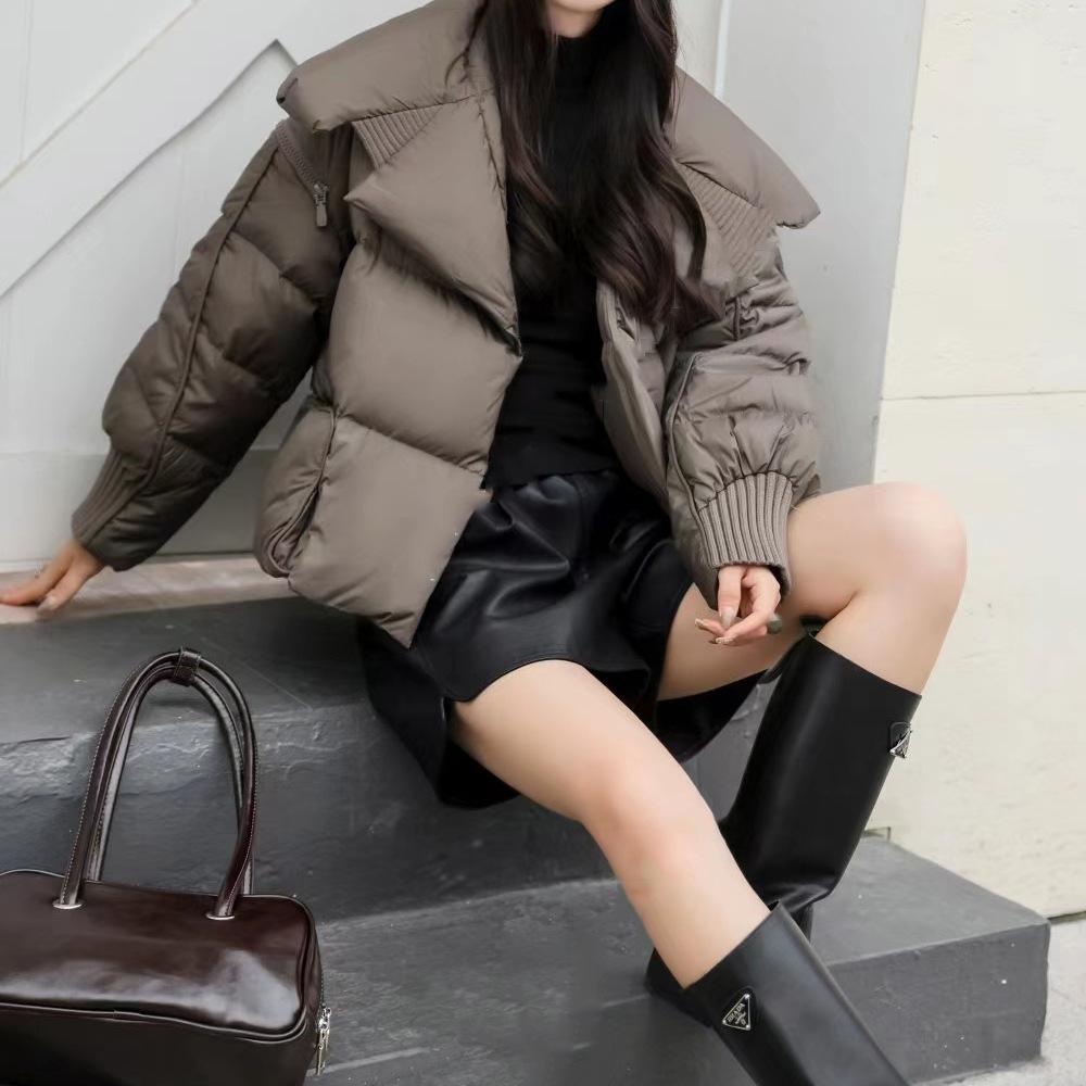 Niche knitted splicing large lapel down jacket women's 2024 winter fashion high luxury large magnetic buckle warm jacket