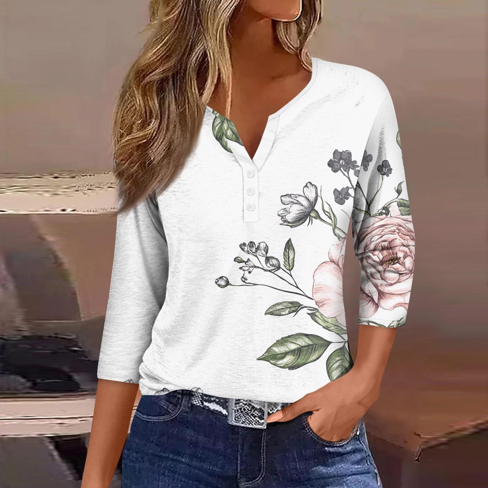 

Женская модная повседневная футболка с коротким рукавом и V-образным вырезом, декоративными пуговицами и рукавом три четверти L хаки