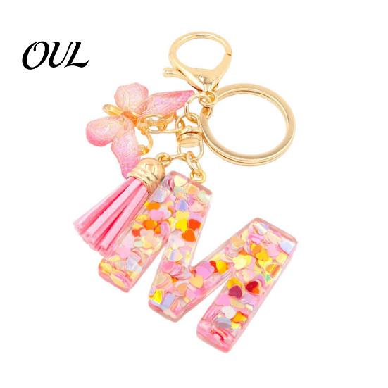 Kompaktes Schlüsselanhänger-Anhänger in Rosa-Serie, Pailletten Herz Initialen-Buchstaben-Anhänger Schlüsselkette mit tragbarem Schmetterlings-Quasten-Design, A-Z Halter für Tasche