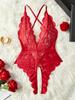 Red Backless Sexy Crotchless Transparent Lace Teddy Babydolls Bodysuits Women One-piece Deep V Neck Open Bra Erotic Hot Lingerie