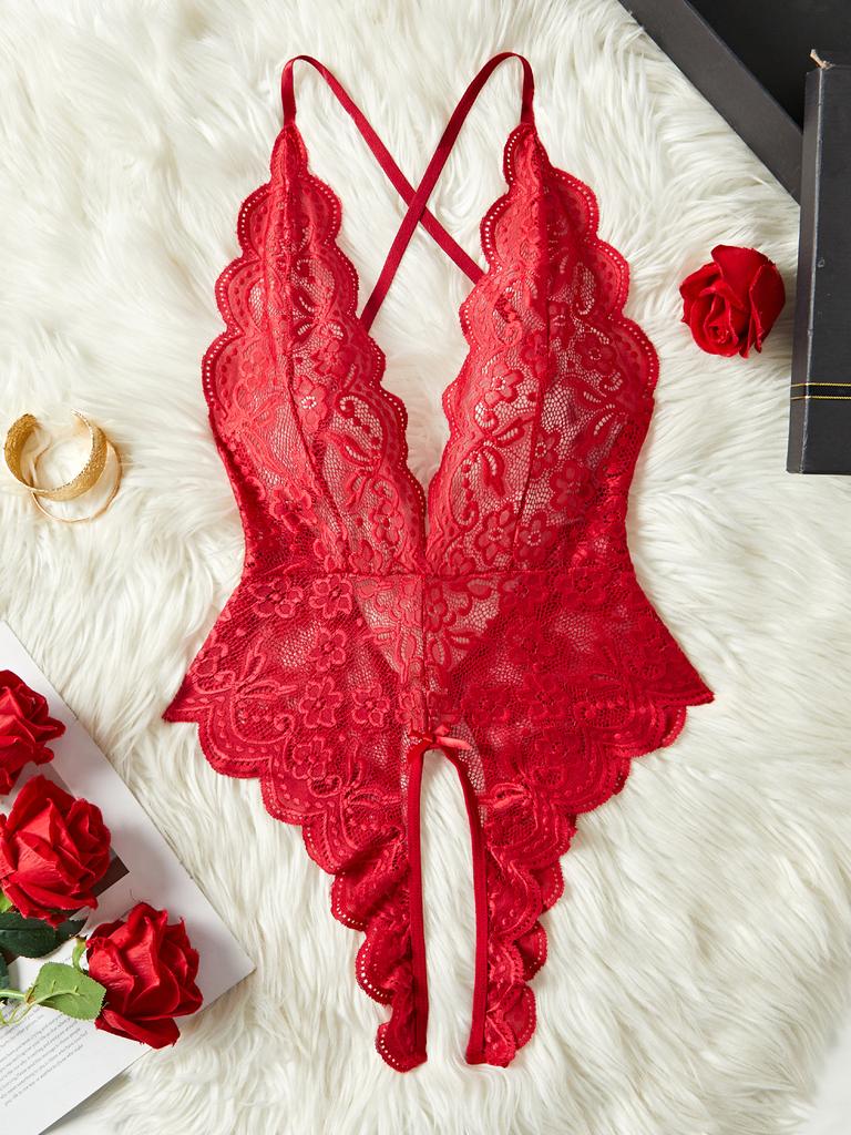 Red Backless Sexy Crotchless Transparent Lace Teddy Babydolls Bodysuits Women One-piece Deep V Neck Open Bra Erotic Hot Lingerie