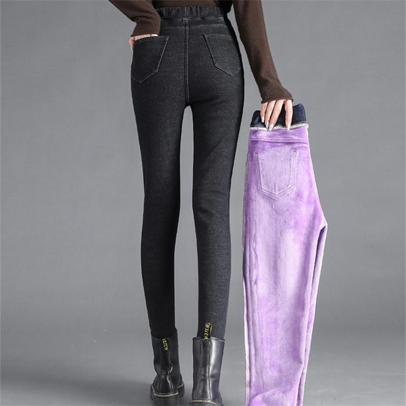 2022 Winter Female Casual Velvet Warm Thicken Trousers  High Elastic Waist Stretch Jeans For Women Skinny Denim Pencil Pants