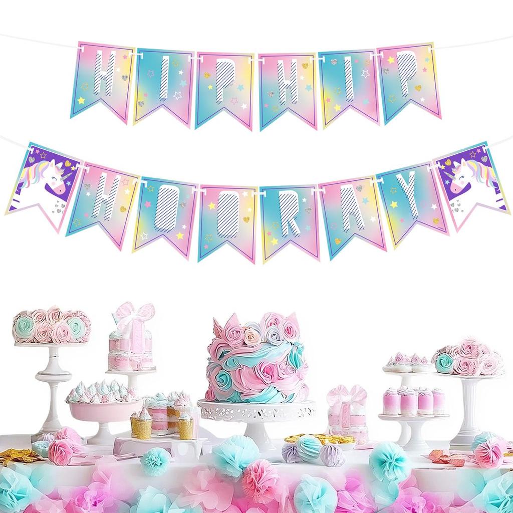 Unicorn Macaron Gradient "HIP HIP HOORAY" Birthday Banner Decoration Supplies
