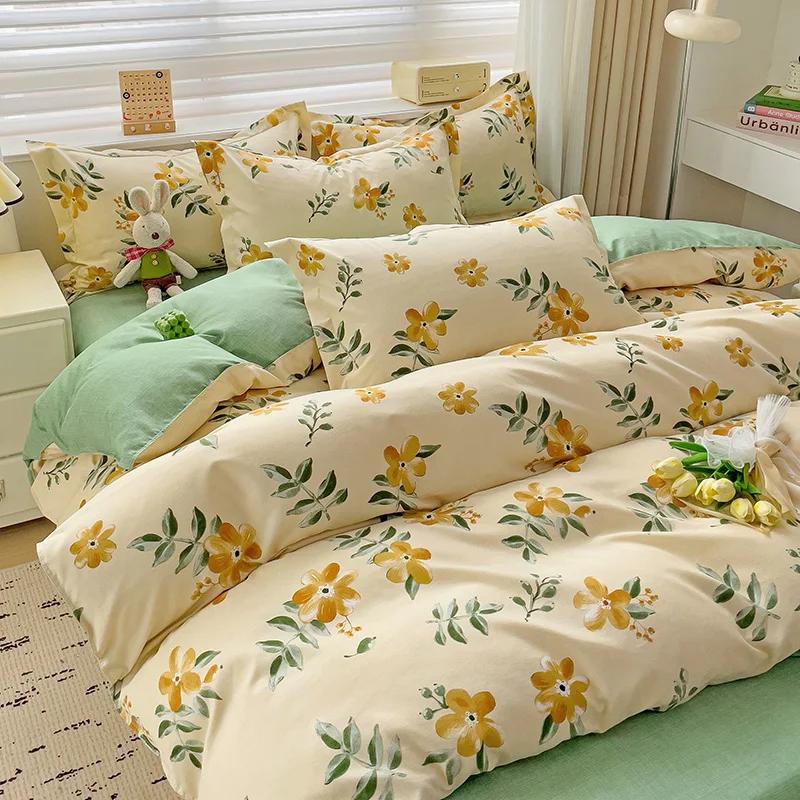 100% Cotton Bedding Set, Four Piece Sheet Set Comfort Set Girly Fresh Style Couple Bed Comforter Set
