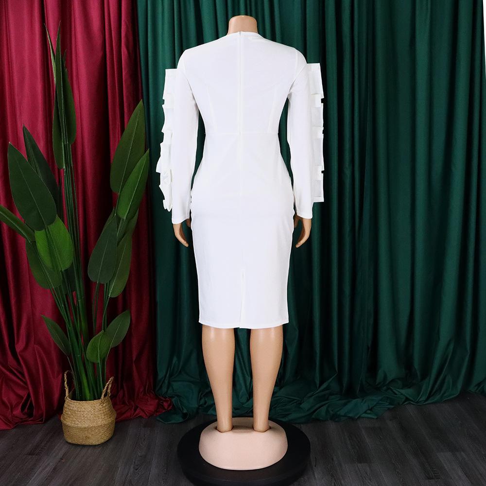 YYFS Női divat tavaszi őszi egyszínű nyomtatással, hosszú ujjú O-nyakú, magas derekú alkalmi ruhák