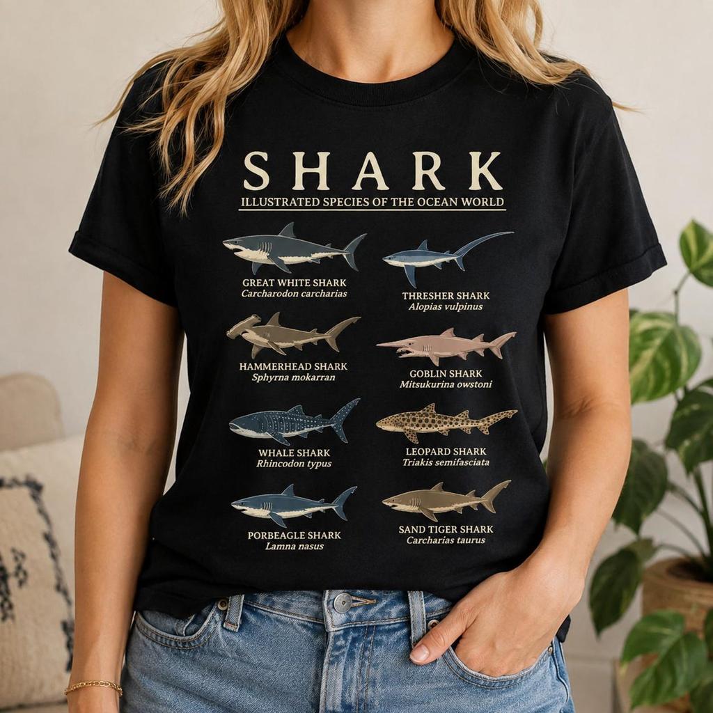 Shark Species Identification Chart Shirt, Marine Biology Tshirt, Ocean Animal Lover Gift, Vintage Great White Hammerhead Educational Graphic