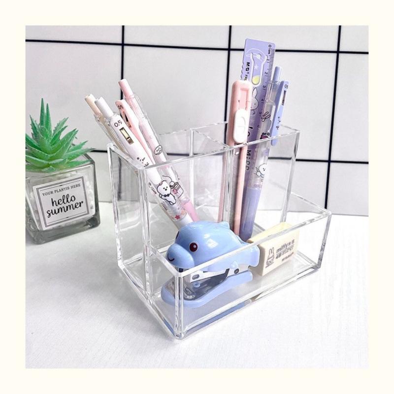 Clear Pen Holder Box Make Up Brush Bucket Cosmetic Organizer Student Desk Pen Container Storage Box 3 Grids Plastic