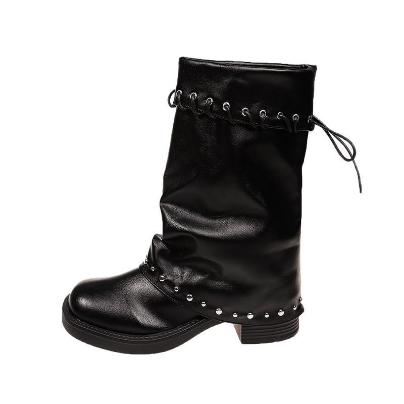 Stylové vrstvené retro tenké kalhoty boty na silném podpatku černé kotníkové boty dámské silná podrážka nové plisované nýty