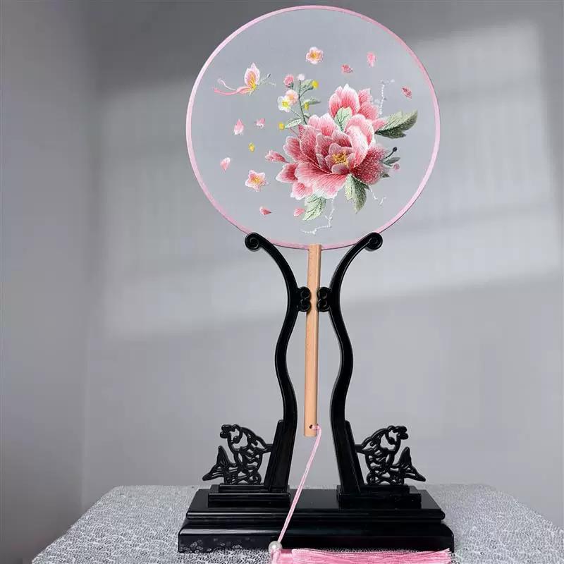 Peony Chinese Style Dance Fan, Double-Sided Embroidery, Traditional Suzhou Embroidery, Hanfu, Cheongsam, Ancient Costume Round Fan