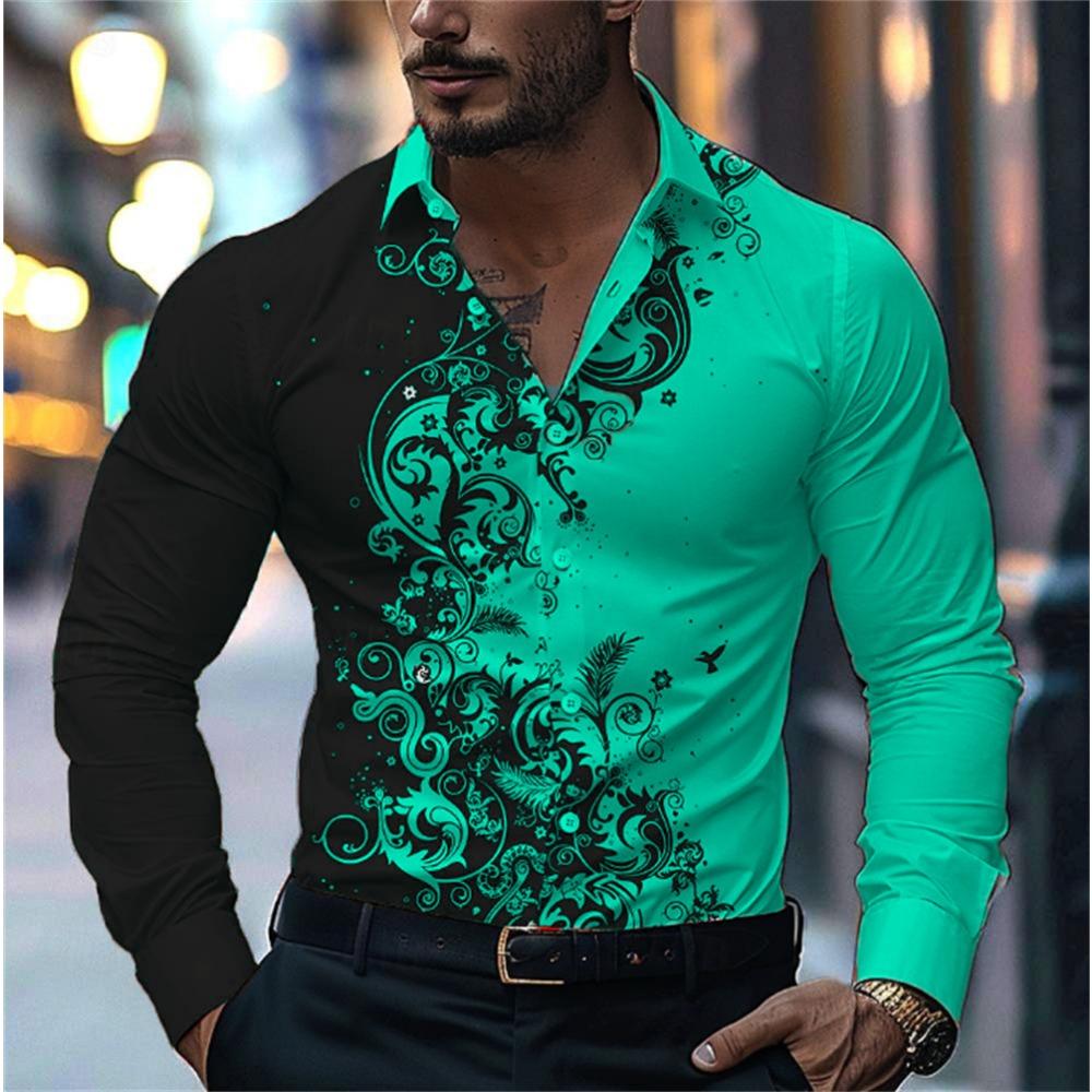 2024 New Men's Casual Street Print Pattern Shirt Fashion Casual Spring and Autumn Splicing Long Sleeved Lapel Shirt Tops