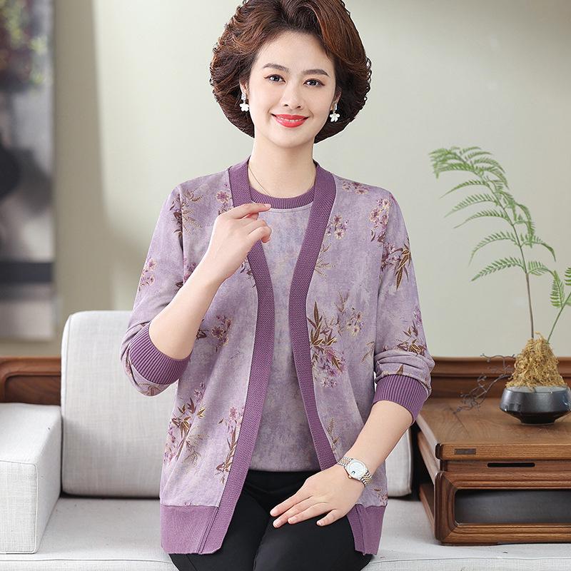 Elderly Women's Spring Knit Cardigan Two-Piece Set - Belly Covering Lightweight Jacket