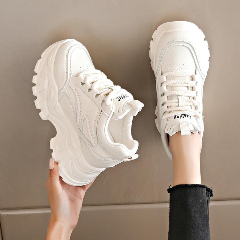 Mix Color Chunky Platform Sneakers Women Lace-Up Thick Bottom Vulcanzied Shoes Female Pu Leather Non-Slip Sports Shoes Woman