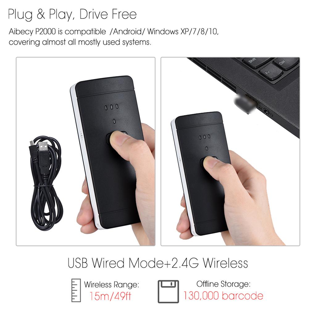 P2000 Portable Mini Wireless USB Wired 1D 2D Image Barcode Scanner QR PDF417 Bar Code Reader 130,000 Inventory Memory