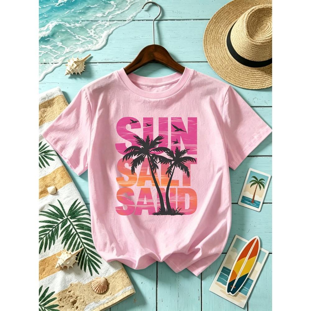 Sun Salt Sand Coconut Tree Prints T-Shirts Womens Summer Short Sleeve T Shirt O-Neck Oversized Tops Basic Soft Clothes