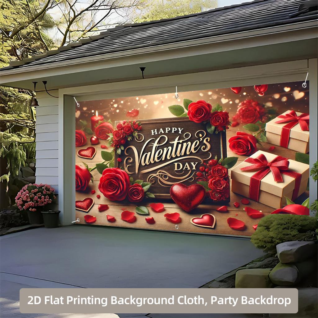 1 Valentine's Day Spotlight Background Flag, Romantic Rose and Gift Box Design, Suitable for Home Decoration
