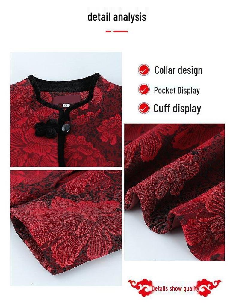 Schlankmachendes Woll-Oberteil im chinesischen Stil für ältere Menschen mit Jacquard-Blumen und Stehkragen