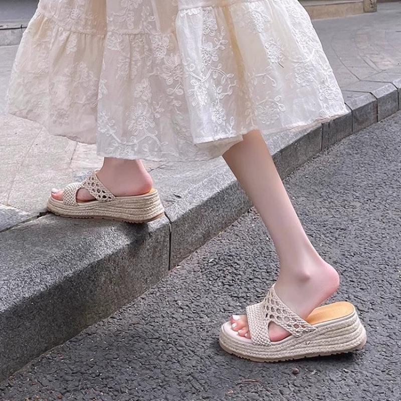 Klapki miejskie z miękką podeszwą, tkane, na grubej podeszwie, retro, z okrągłym noskiem, z miękkiej skóry, wygodne, jednoliniowe buty rybackie