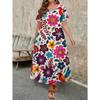 Plus Size Women's Vintage Floral V-Neck Short Sleeve Flowy Midi Dress