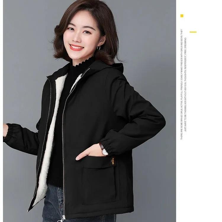Women's Fleece Jacket Autumn Winter Short Thick Warm Zipper Jacket Loose Women's Hooded Coat Plus Size