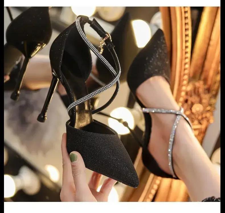 Women Luxury Glitter Pumps Women Pearls Strap Tacones Para Mujer Wedding Party Shoes Ladies Pointy Heel Cross-strap High Heels