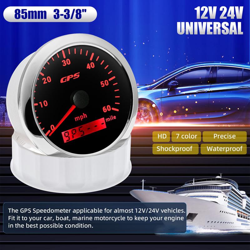 85MM GPS Speedometer With GPS Antenna 0-60 MPH For Motorcycle Marine Boat Car Truck Speed Gauge Meter 7 Color Backlight