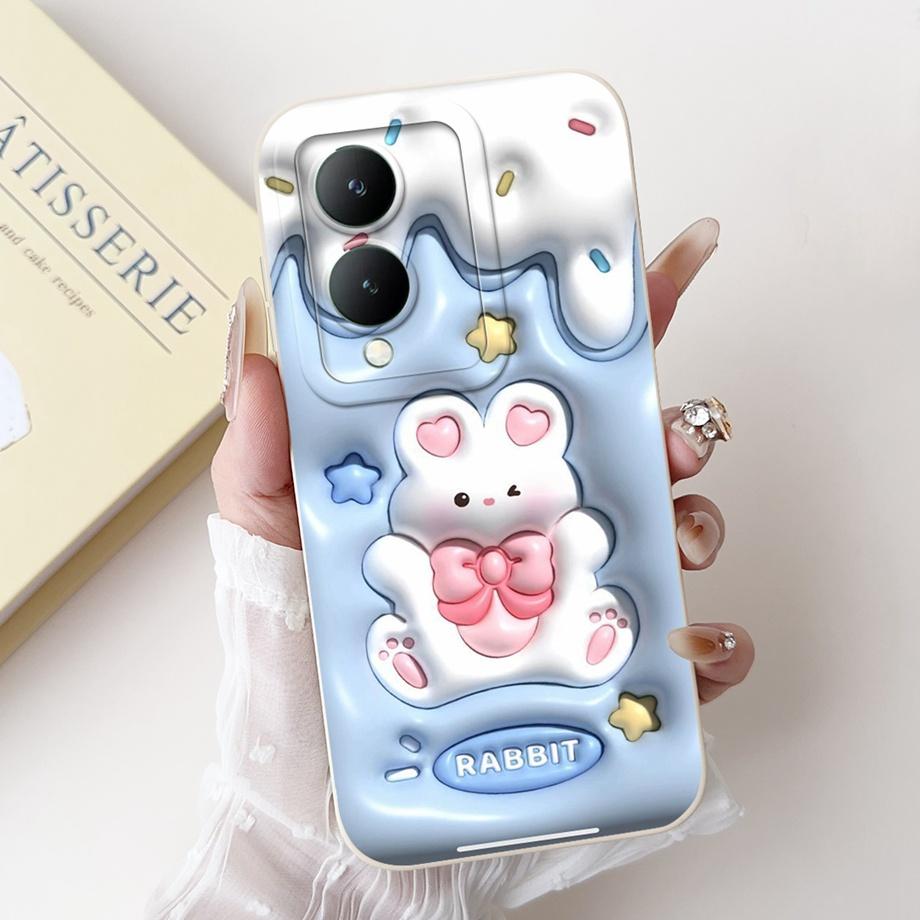 For Vivo Y28 5G Y29 5G V2420 Phone Case Vivo Y17s Y19s V2419 Back Cover Soft Liquid Silicone Pnada Rabbit Flower Cute Fundas