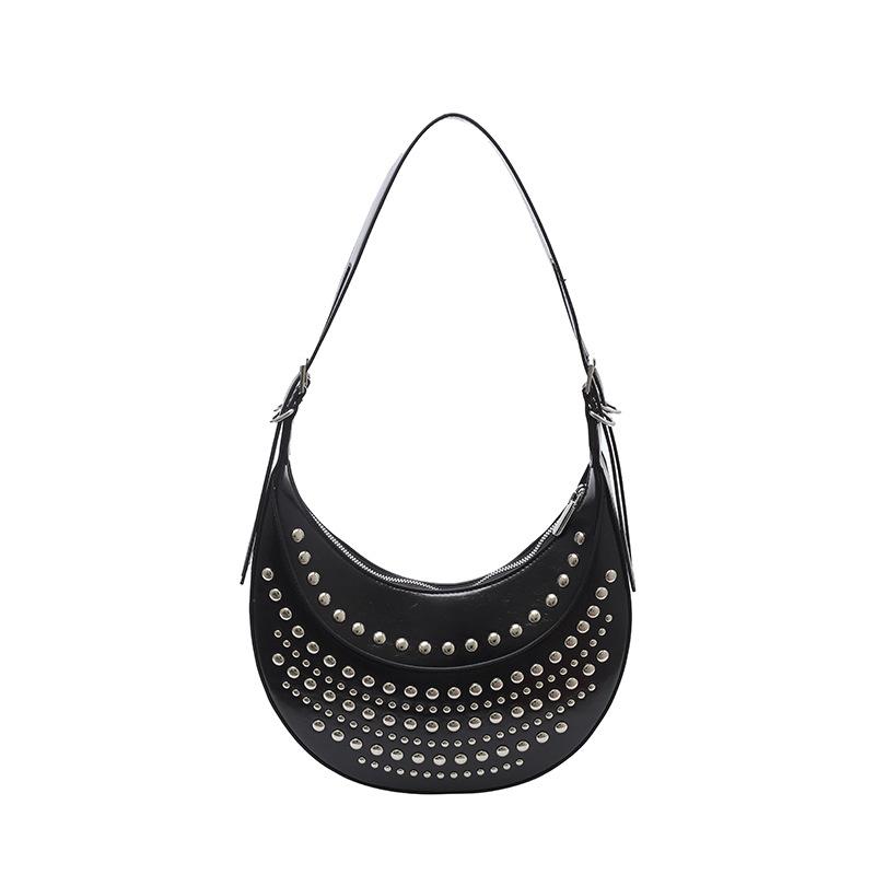 

Women s bag 2025 new European and American fashion rivet punk style shoulder bag, large capacity shoulder hand, armpit bag чёрный