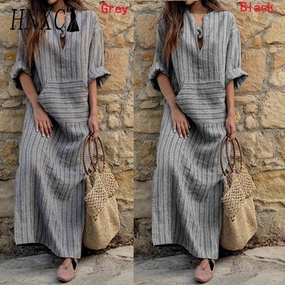 S-5XL Women Spring Summer Clothing Plus Size Ladies Cotton Linen Loose Striped Long Dress with Pockets