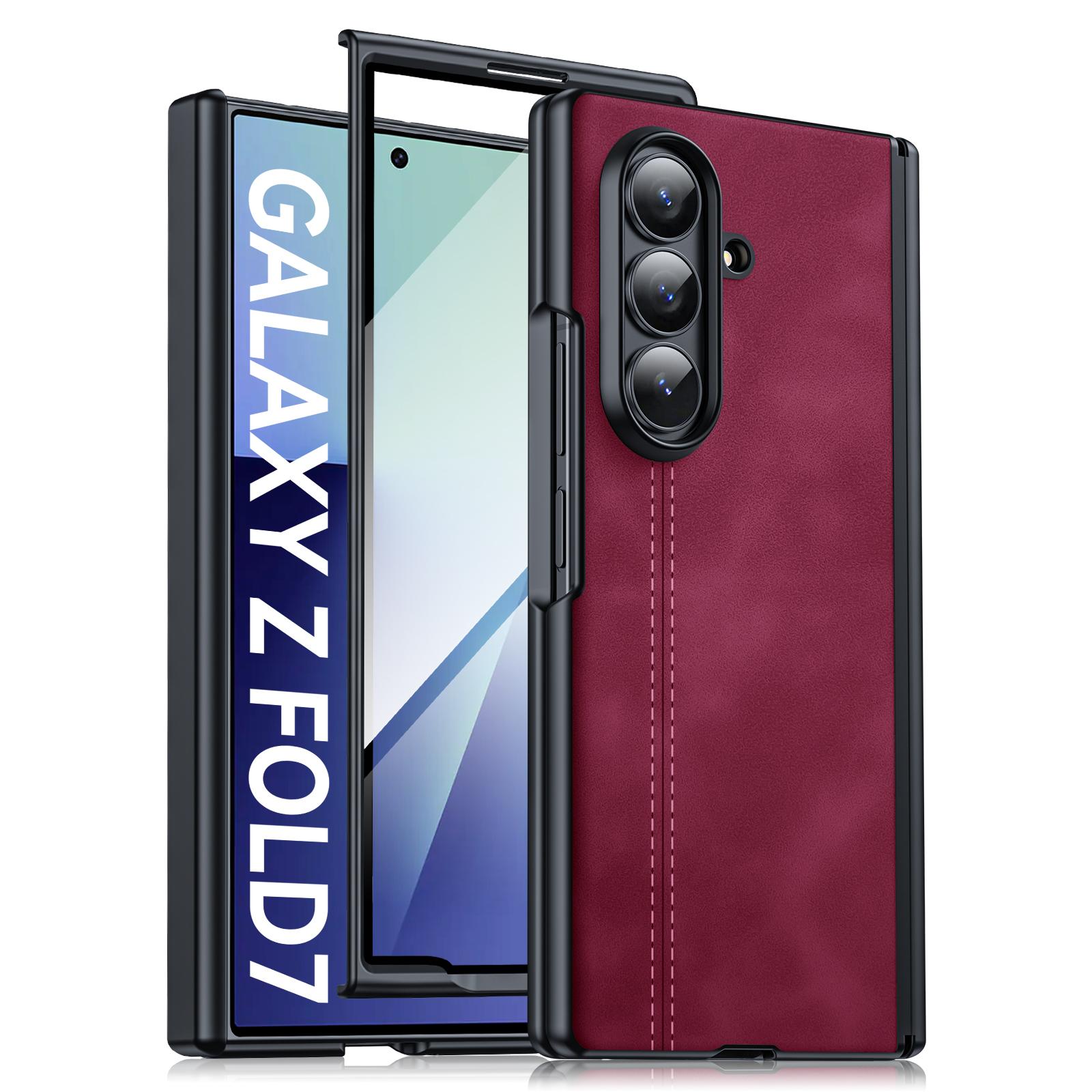 

For Samsung Galaxy Z Fold 7 Case Luxury Leathe Hinge with Mirror Film Folding All-inclusive Shockproof Hard Cover Accessories Galaxy Z Fold7 червоний