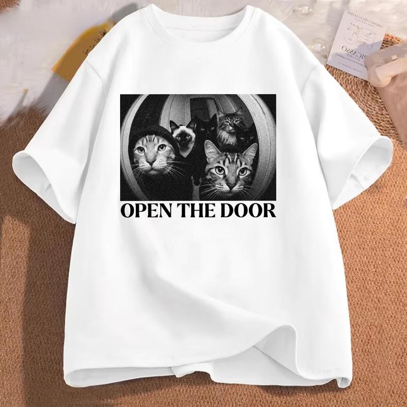 Funny Cat Gang Open The Door Meme Graphic Tshirts Unisex Unisex Vintage Fashion Summer Cotton T Shirt High Quality Classic T Shirts