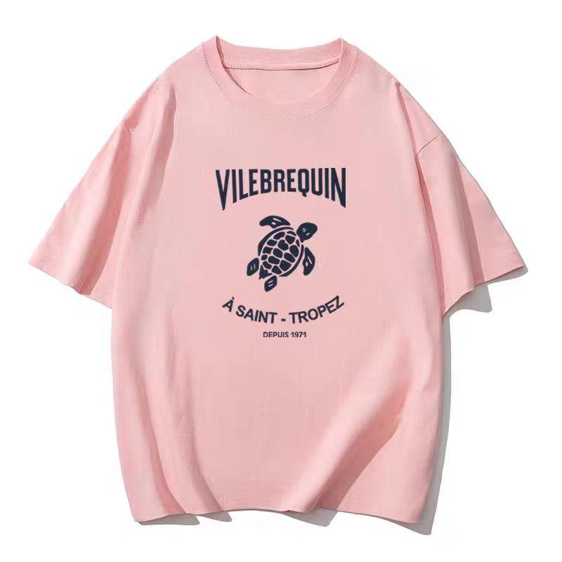 Francuski Żółw Morski Vilebrequin Koszulka z Krótkim Rękawem Męska Marka Modowa z Nadrukiem Okrągły Dekolt Para