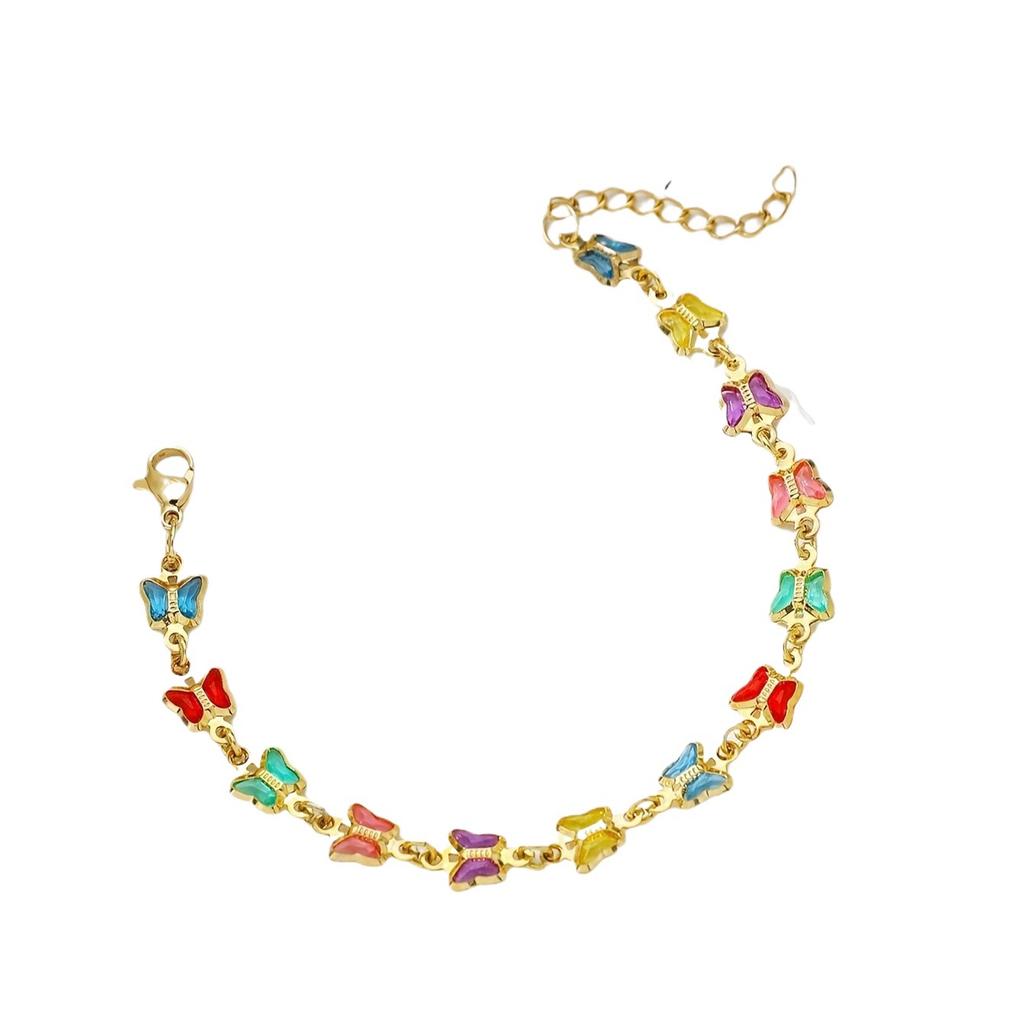 Women Sweet Fashion Colored Glass Diamond Butterfly Stainless Steel Bracelet Jewelry