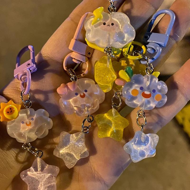 Fashion Sweet Phone Charms Cute Cartoon Luminous Cloud Star Keychain Couple Car Keyring Bag Pendant Jewelry Accessories Gifts