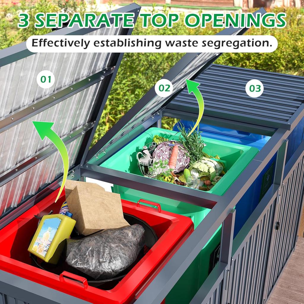 YODOLLA Outdoor Trash Can Storage Shed,  Metal Garbage Storage for 3 Cans, Heavy Duty & Waterproof for Garden & Patio