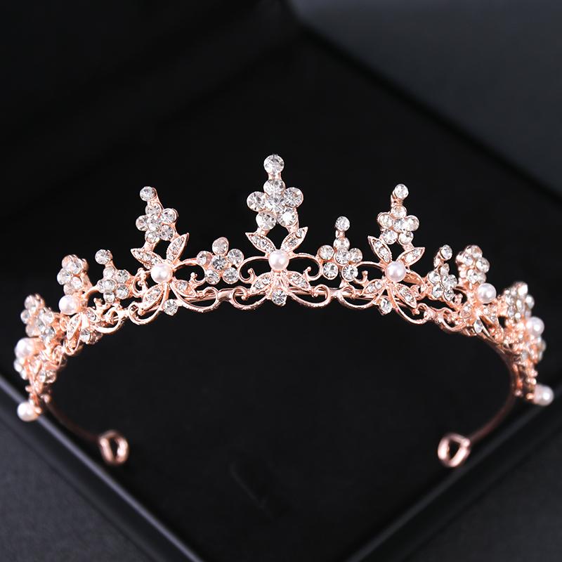 Rose Gold Crystal Bridal Tiaras and Crowns for Women Bride Rhinestone Prom Diadem Headband Bridal Wedding Hair Accessories Crown